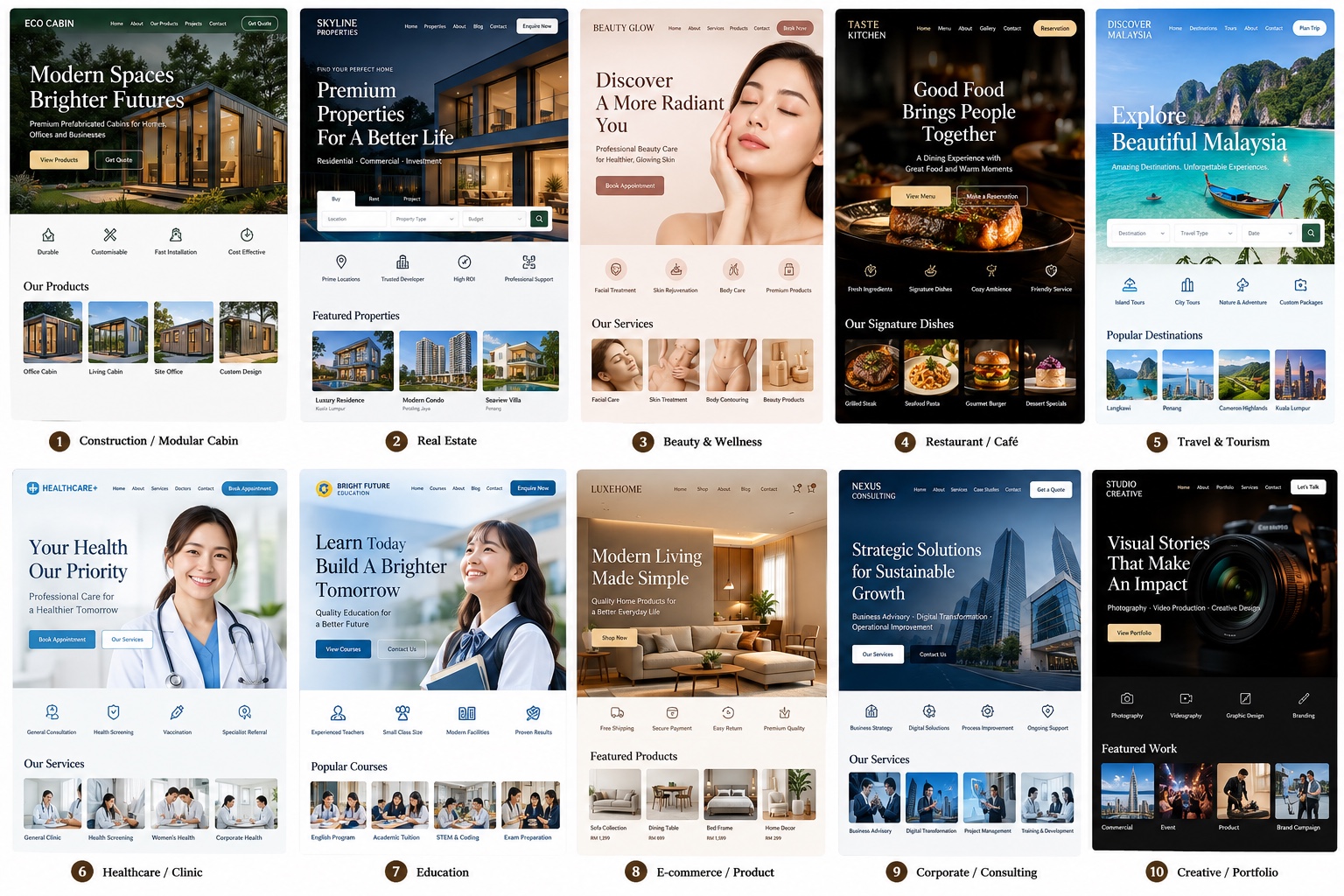 Business website templates BW-01 to BW-10